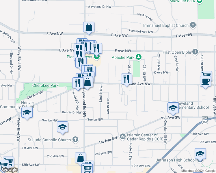 map of restaurants, bars, coffee shops, grocery stores, and more near 269 32nd Street Northwest in Cedar Rapids