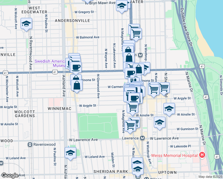 map of restaurants, bars, coffee shops, grocery stores, and more near 1313 West Carmen Avenue in Chicago