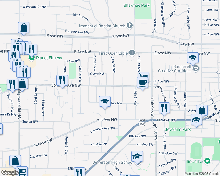 map of restaurants, bars, coffee shops, grocery stores, and more near 2103 Johnson Avenue Northwest in Cedar Rapids