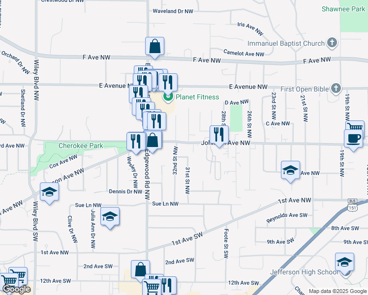 map of restaurants, bars, coffee shops, grocery stores, and more near 3107 Johnson Avenue Northwest in Cedar Rapids