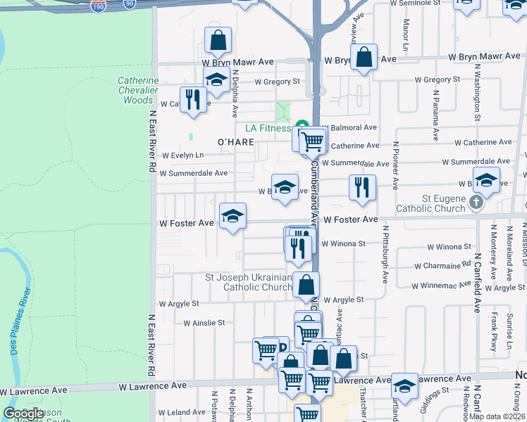 map of restaurants, bars, coffee shops, grocery stores, and more near 8540 West Foster Avenue in Norridge