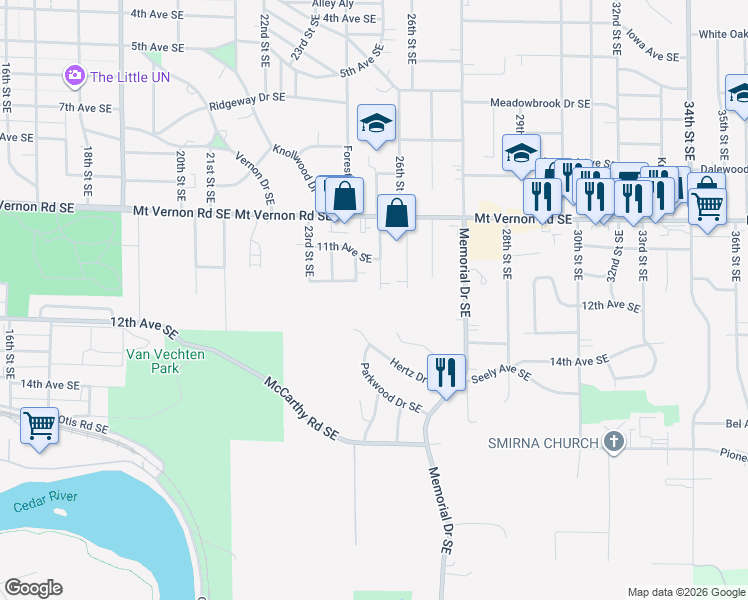 map of restaurants, bars, coffee shops, grocery stores, and more near 1129 25th Street Southeast in Cedar Rapids