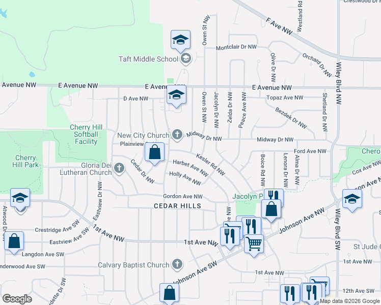 map of restaurants, bars, coffee shops, grocery stores, and more near 5200 Kesler Road Northwest in Cedar Rapids