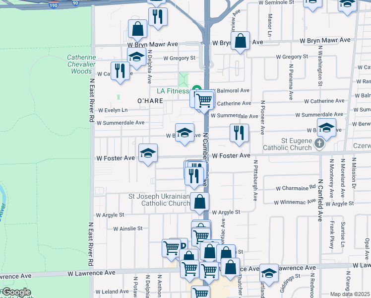 map of restaurants, bars, coffee shops, grocery stores, and more near 5200 North Cumberland Avenue in Norridge