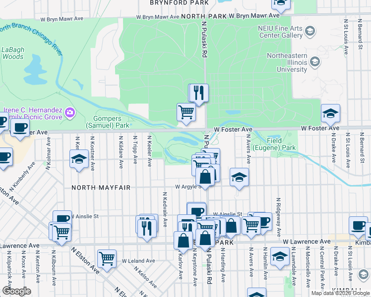 map of restaurants, bars, coffee shops, grocery stores, and more near 4025 West Foster Avenue in Chicago