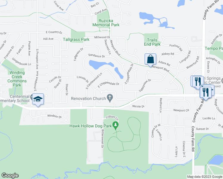 map of restaurants, bars, coffee shops, grocery stores, and more near 423 Woodhollow Lane in Bartlett
