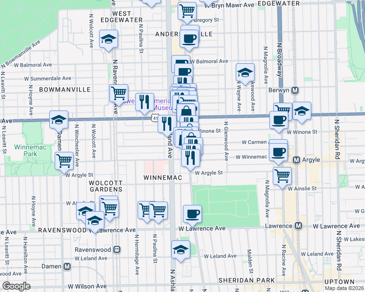 map of restaurants, bars, coffee shops, grocery stores, and more near 1516 West Carmen Avenue in Chicago
