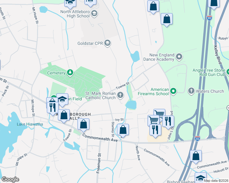map of restaurants, bars, coffee shops, grocery stores, and more near 351 Towne Street in North Attleborough