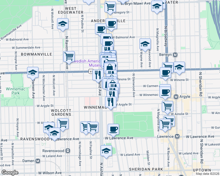map of restaurants, bars, coffee shops, grocery stores, and more near N Clark St & W Carmen Ave in Chicago