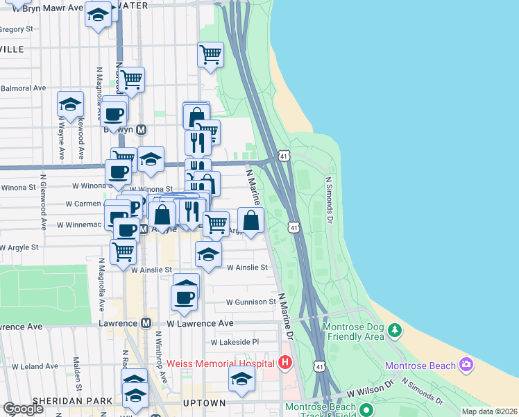 map of restaurants, bars, coffee shops, grocery stores, and more near W Carmen Ave & N Marine Dr in Chicago