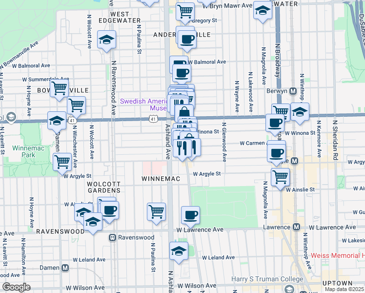 map of restaurants, bars, coffee shops, grocery stores, and more near 1516 West Carmen Avenue in Chicago
