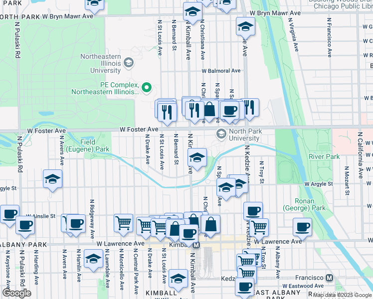 map of restaurants, bars, coffee shops, grocery stores, and more near 5114 North Kimball Avenue in Chicago