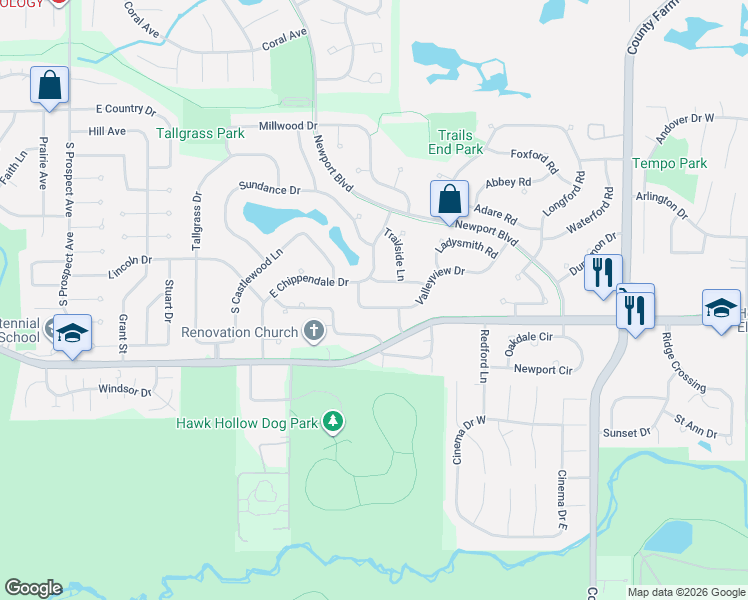 map of restaurants, bars, coffee shops, grocery stores, and more near 459 Valleyview Drive in Bartlett