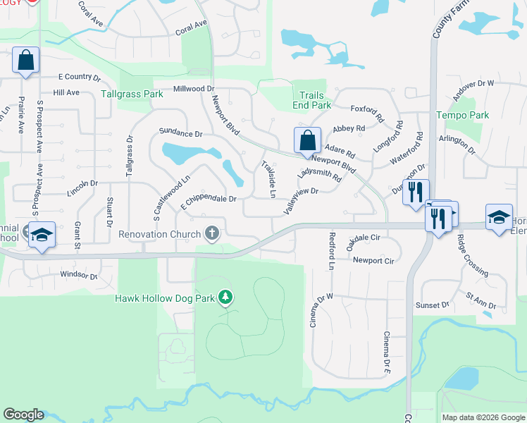 map of restaurants, bars, coffee shops, grocery stores, and more near 459 Valleyview Drive in Bartlett