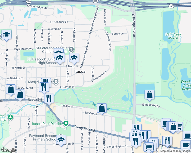 map of restaurants, bars, coffee shops, grocery stores, and more near 711 Greenview Road in Itasca