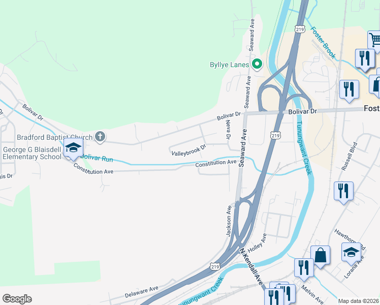 map of restaurants, bars, coffee shops, grocery stores, and more near 99 Valleybrook Drive in Bradford