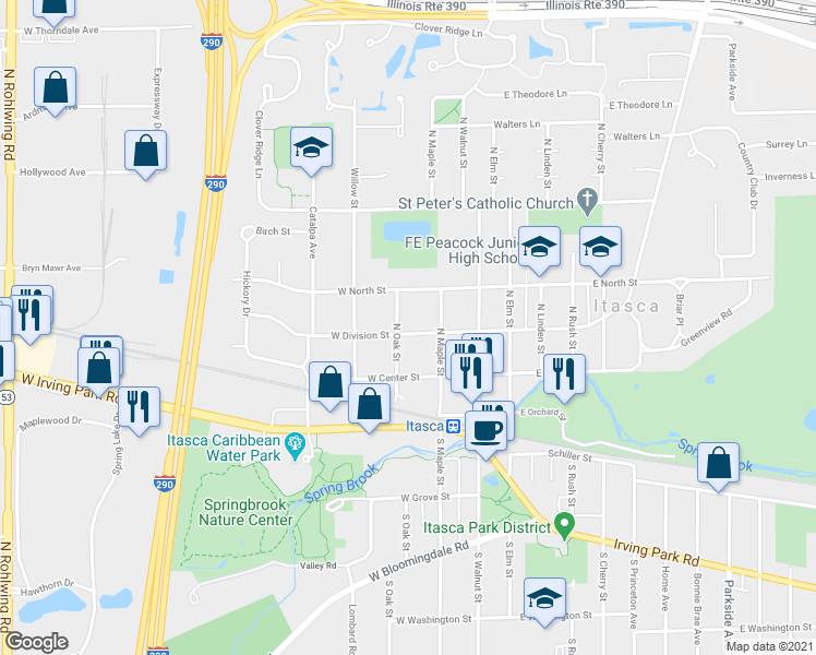 map of restaurants, bars, coffee shops, grocery stores, and more near 223 West Division Street in Itasca