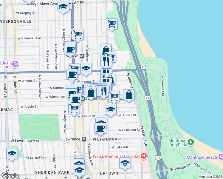 map of restaurants, bars, coffee shops, grocery stores, and more near 932 West Carmen Avenue in Chicago