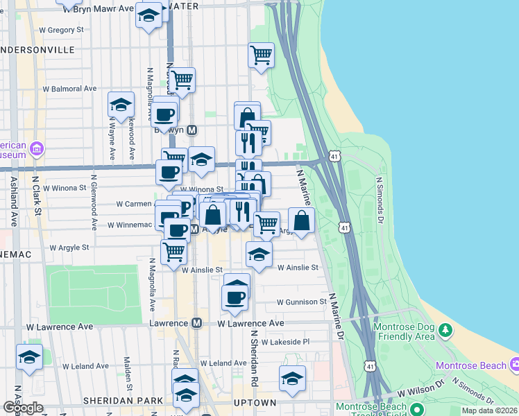 map of restaurants, bars, coffee shops, grocery stores, and more near 932 West Carmen Avenue in Chicago