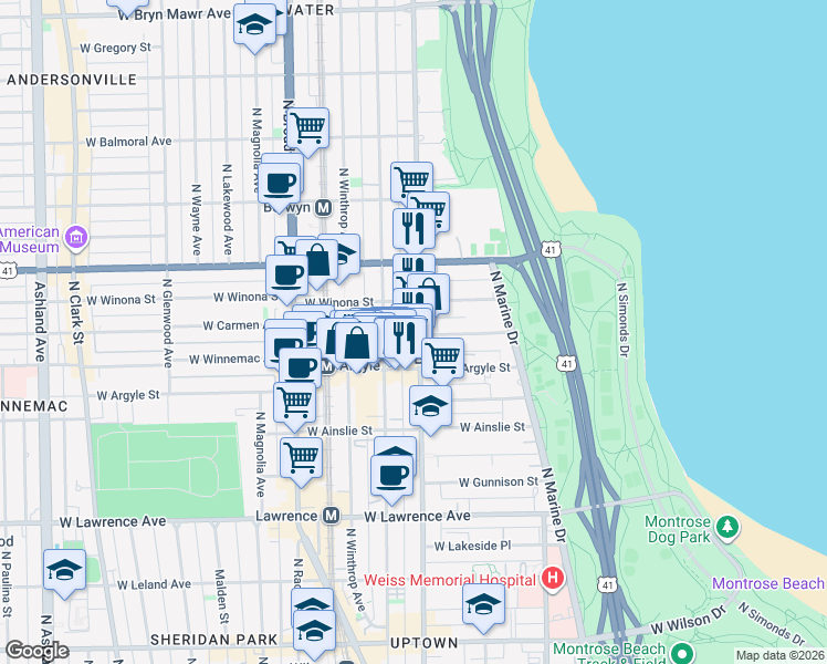 map of restaurants, bars, coffee shops, grocery stores, and more near 5036 North Sheridan Road in Chicago