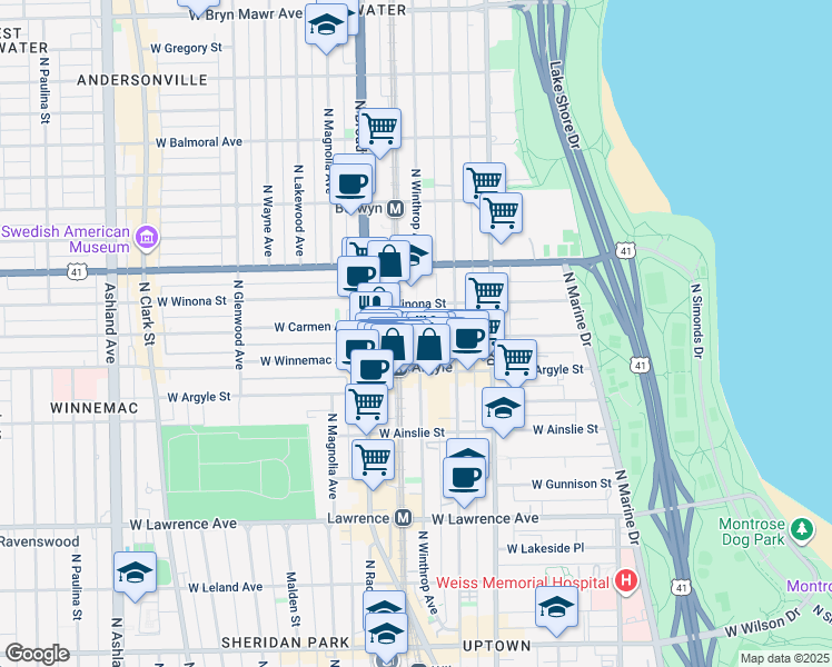 map of restaurants, bars, coffee shops, grocery stores, and more near 5042 North Winthrop Avenue in Chicago
