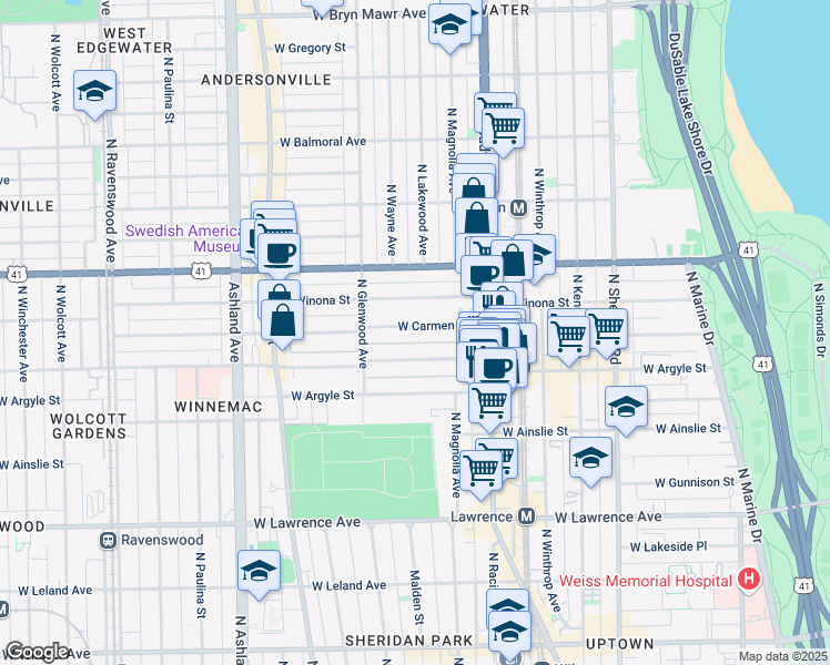 map of restaurants, bars, coffee shops, grocery stores, and more near 1319 West Carmen Avenue in Chicago