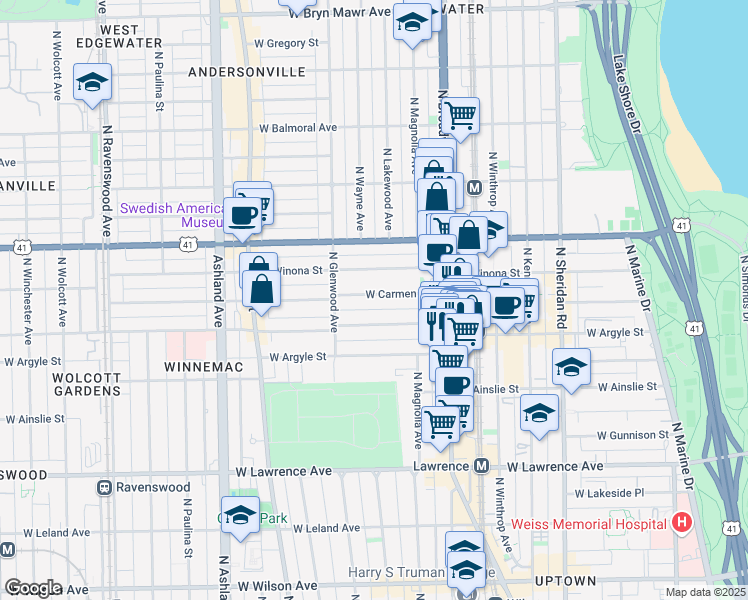 map of restaurants, bars, coffee shops, grocery stores, and more near 1319 West Carmen Avenue in Chicago