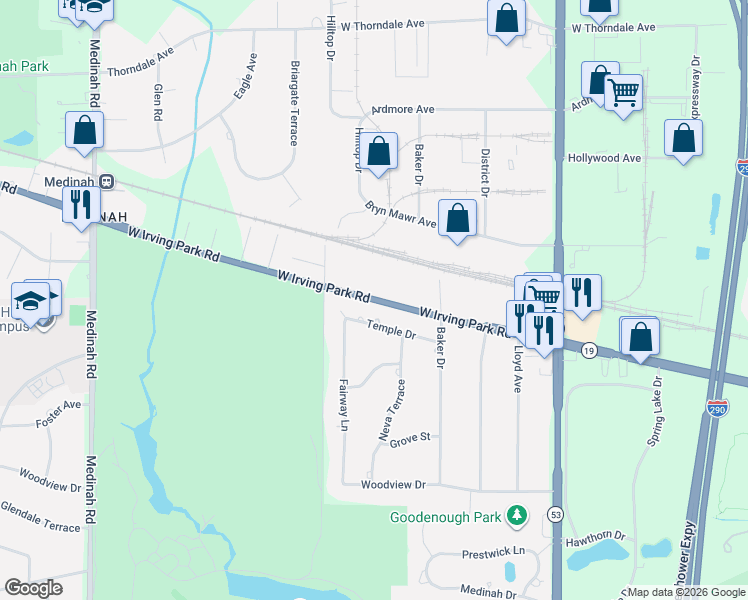 map of restaurants, bars, coffee shops, grocery stores, and more near 1531 Irving Park Road in Itasca
