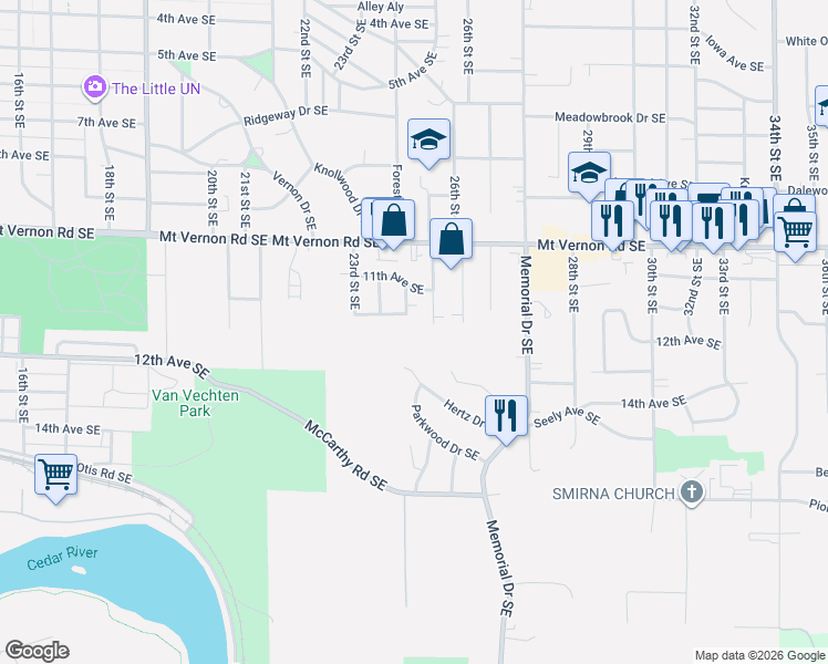 map of restaurants, bars, coffee shops, grocery stores, and more near 1129 25th Street Southeast in Cedar Rapids