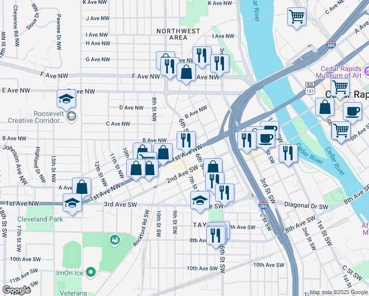 map of restaurants, bars, coffee shops, grocery stores, and more near 602 1st Avenue Southwest in Cedar Rapids