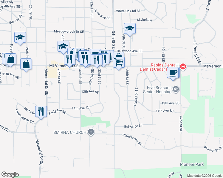 map of restaurants, bars, coffee shops, grocery stores, and more near 1115 34th St SE in Cedar Rapids