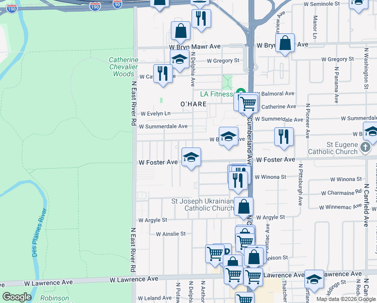 map of restaurants, bars, coffee shops, grocery stores, and more near 5216 North Delphia Avenue in Norridge