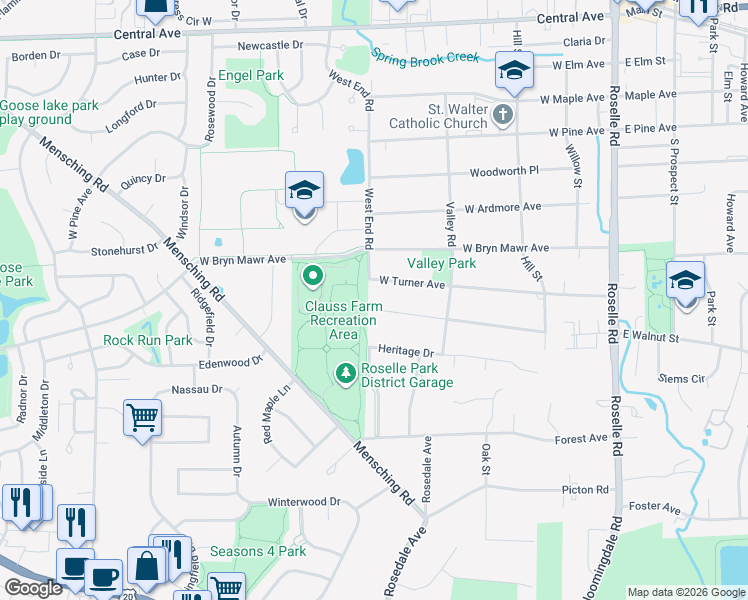 map of restaurants, bars, coffee shops, grocery stores, and more near 380 West Walnut Street in Roselle