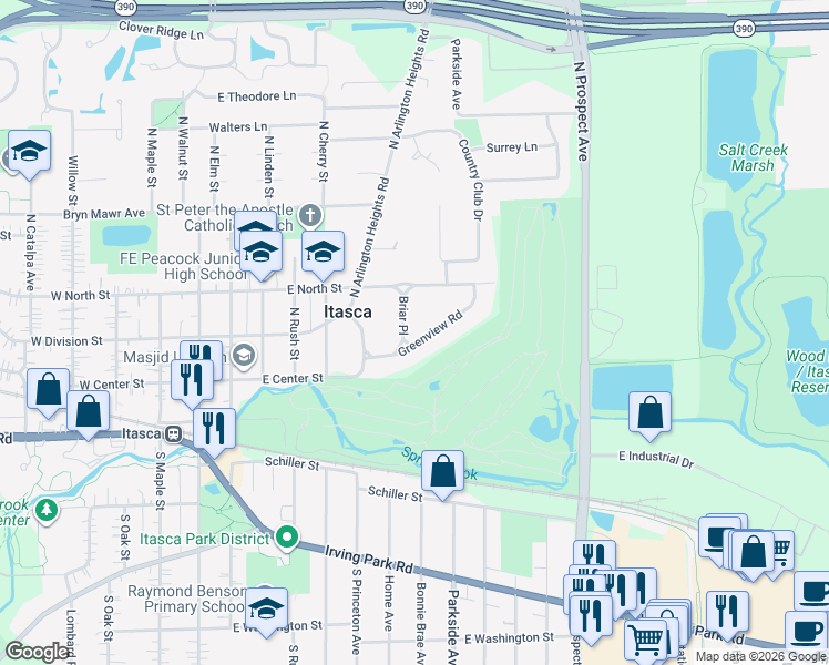 map of restaurants, bars, coffee shops, grocery stores, and more near 711 Greenview Road in Itasca