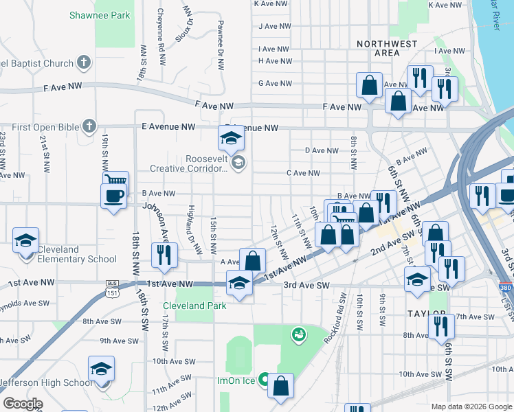 map of restaurants, bars, coffee shops, grocery stores, and more near 279 13th Street Northwest in Cedar Rapids