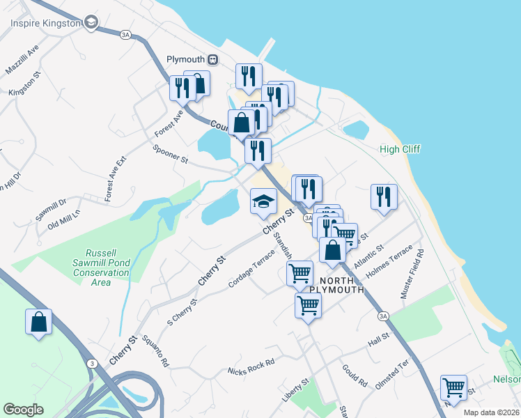 map of restaurants, bars, coffee shops, grocery stores, and more near 258 Standish Avenue in Plymouth