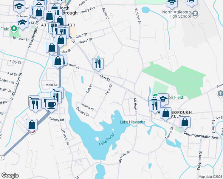 map of restaurants, bars, coffee shops, grocery stores, and more near 18 Peck St in North Attleborough
