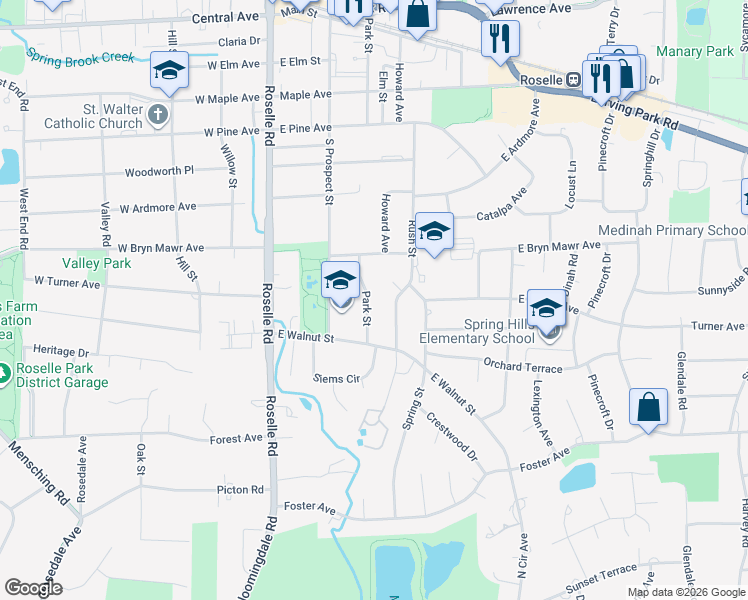 map of restaurants, bars, coffee shops, grocery stores, and more near 501 Park Street in Roselle