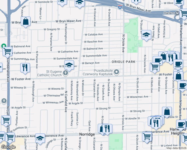 map of restaurants, bars, coffee shops, grocery stores, and more near 7800 West Foster Avenue in Chicago
