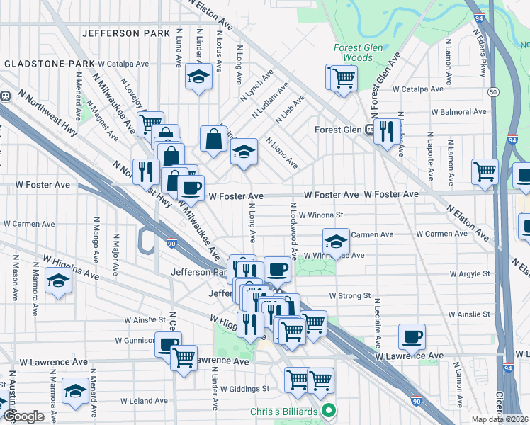 map of restaurants, bars, coffee shops, grocery stores, and more near 5342 West Winona Street in Chicago