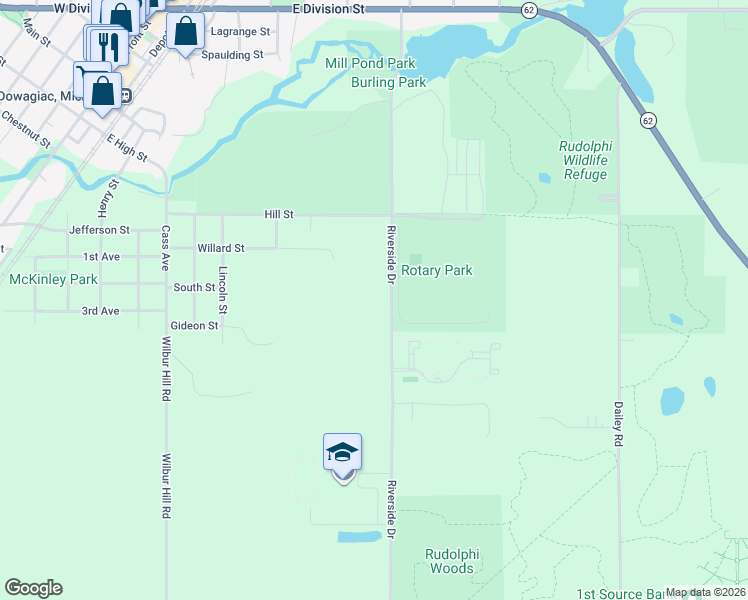 map of restaurants, bars, coffee shops, grocery stores, and more near 530 Riverside Drive in Dowagiac