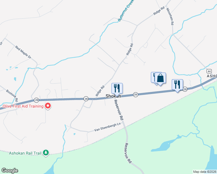 map of restaurants, bars, coffee shops, grocery stores, and more near 20 Ridge Rd in Shokan