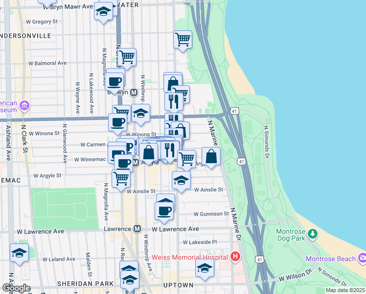 map of restaurants, bars, coffee shops, grocery stores, and more near 932 West Carmen Avenue in Chicago