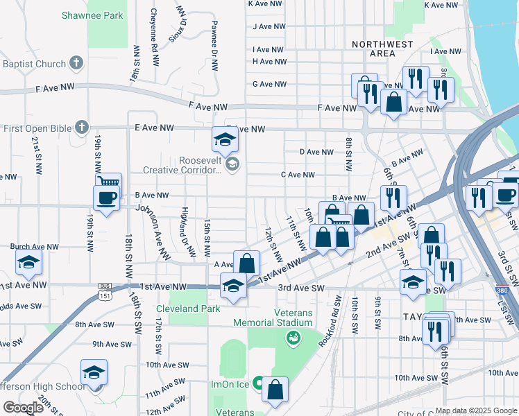 map of restaurants, bars, coffee shops, grocery stores, and more near 264 12th Street Northwest in Cedar Rapids