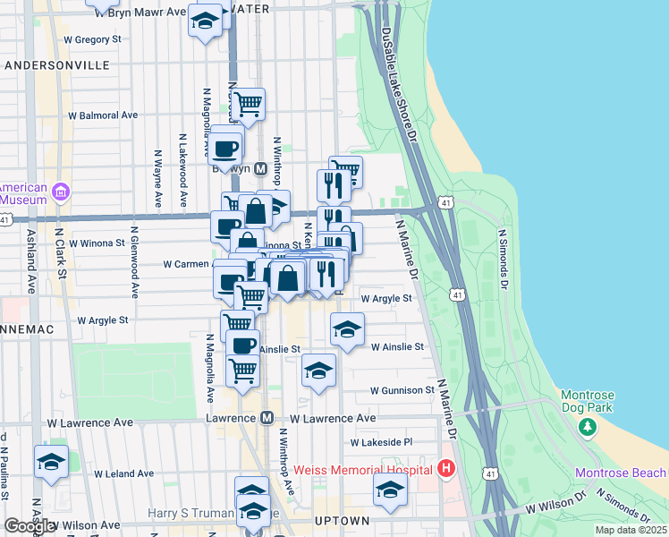 map of restaurants, bars, coffee shops, grocery stores, and more near 5036 North Sheridan Road in Chicago