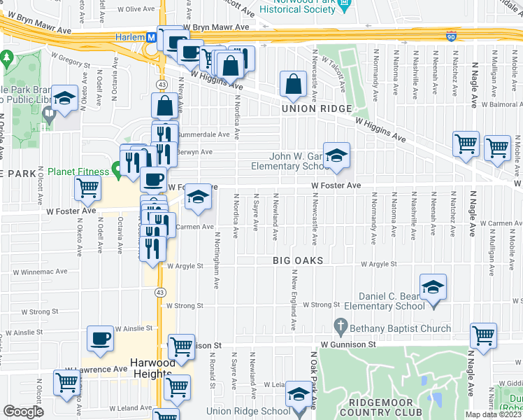 map of restaurants, bars, coffee shops, grocery stores, and more near 5123 North Sayre Avenue in Chicago