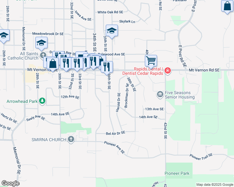 map of restaurants, bars, coffee shops, grocery stores, and more near 1117 Harold Drive Southeast in Cedar Rapids