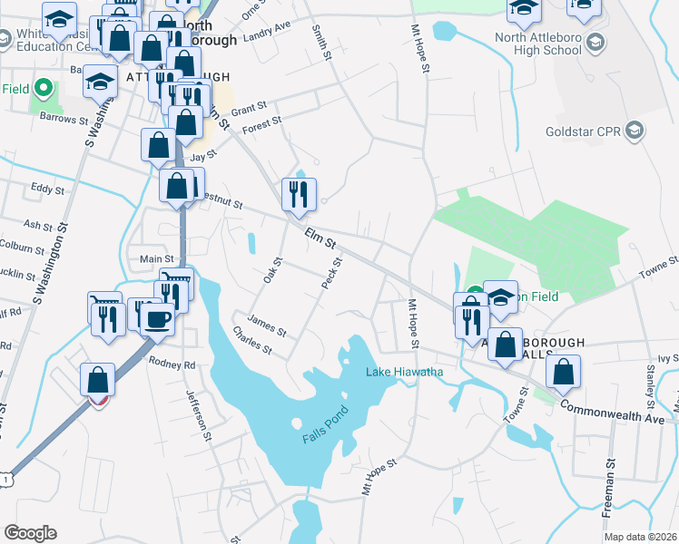 map of restaurants, bars, coffee shops, grocery stores, and more near 18 Peck Street in North Attleborough