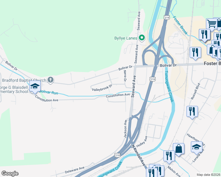 map of restaurants, bars, coffee shops, grocery stores, and more near 13-99 Valleybrook Drive in Bradford
