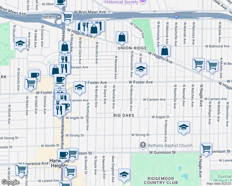 map of restaurants, bars, coffee shops, grocery stores, and more near 5123 North Newland Avenue in Chicago